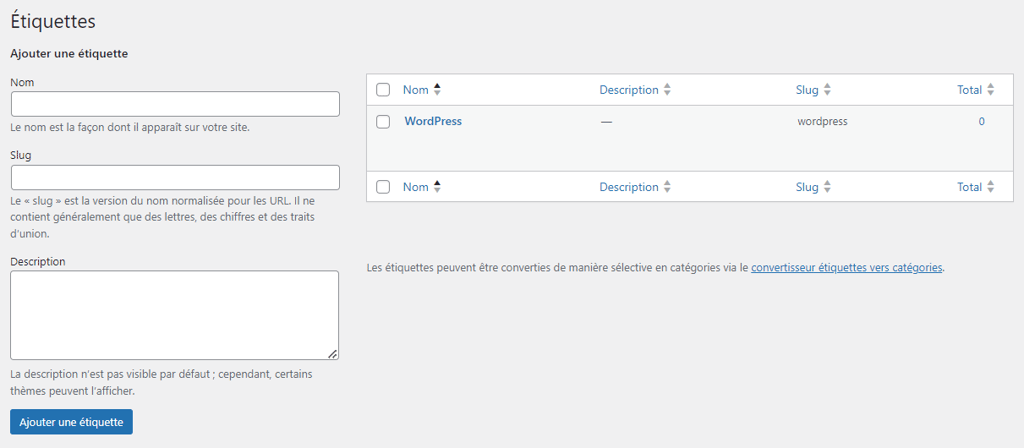 La section &Eacute;tiquettes dans le tableau de bord de WordPress