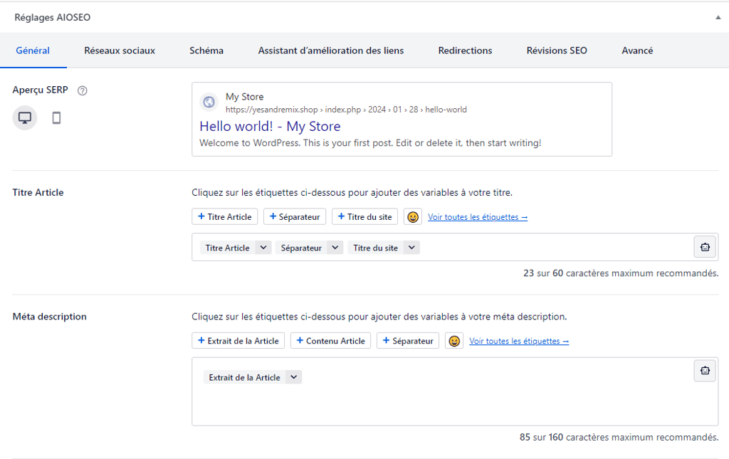 La fonction de pr&eacute;visualisation des SERP de AIOSEO