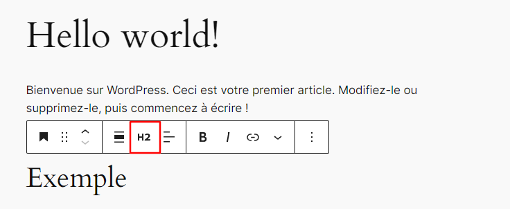 Les options de titre dans l'éditeur de blocs, avec H2 surligné en rouge
