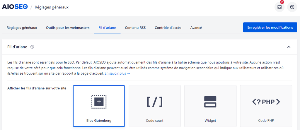 Les param&egrave;tres du fil d'Ariane dans le tableau de bord de AIOSEO