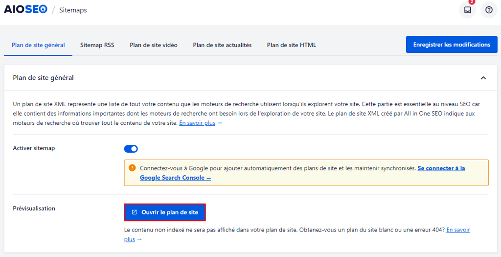 Les param&egrave;tres du plan du site g&eacute;n&eacute;ral dans le tableau de bord AIOSEO