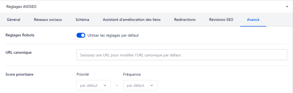 Le champ URL canonique dans l'onglet Avanc&eacute; d'AIOSEO