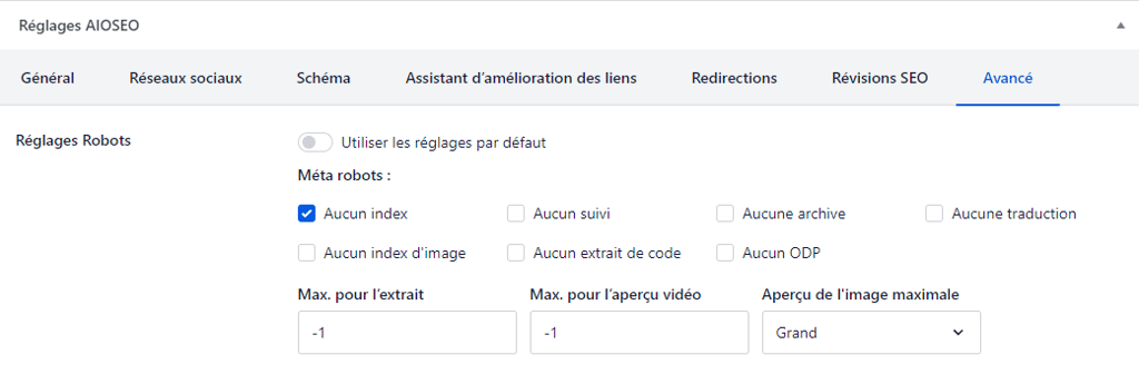 Les r&eacute;glages robots dans AIOSEO