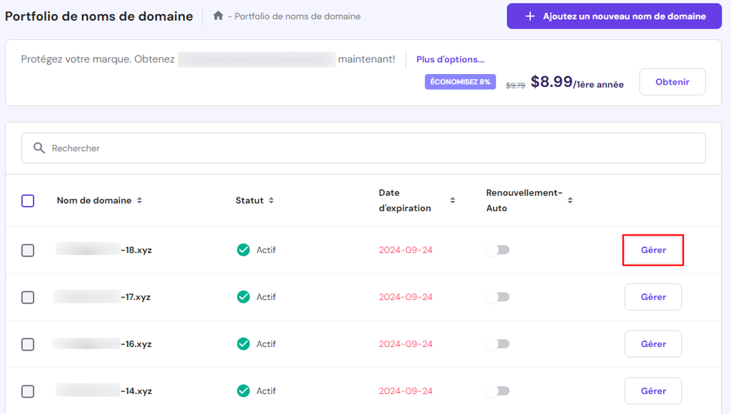 G&eacute;rer un nom de domaine depuis la page Portfolio de noms de domaine 