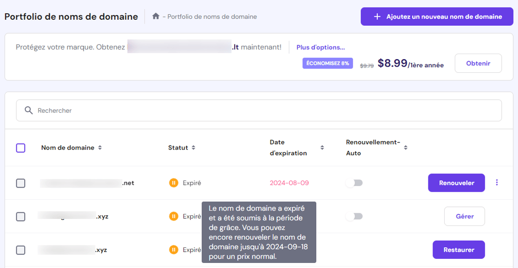 Page de gestion des domaines dans Hostinger, indiquant la date d'expiration d'un domaine et son statut dans la p&eacute;riode de gr&acirc;ce