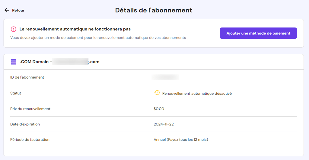D&eacute;tails de l'abonnement dans hPanel, o&ugrave; l'utilisateur peut ajouter une m&eacute;thode de paiement et activer le renouvellement automatique du domaine