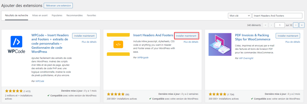 plugin-installation wordpress Installer le plugin Insert Headers And Footers