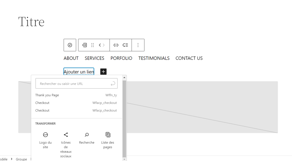 La fenêtre contextuelle montrant différents types de contenu pour un nouveau sous-menu dans l'éditeur de site