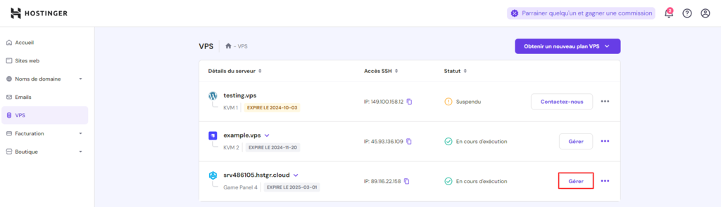 Le bouton G&eacute;rer du VPS sur hPanel
