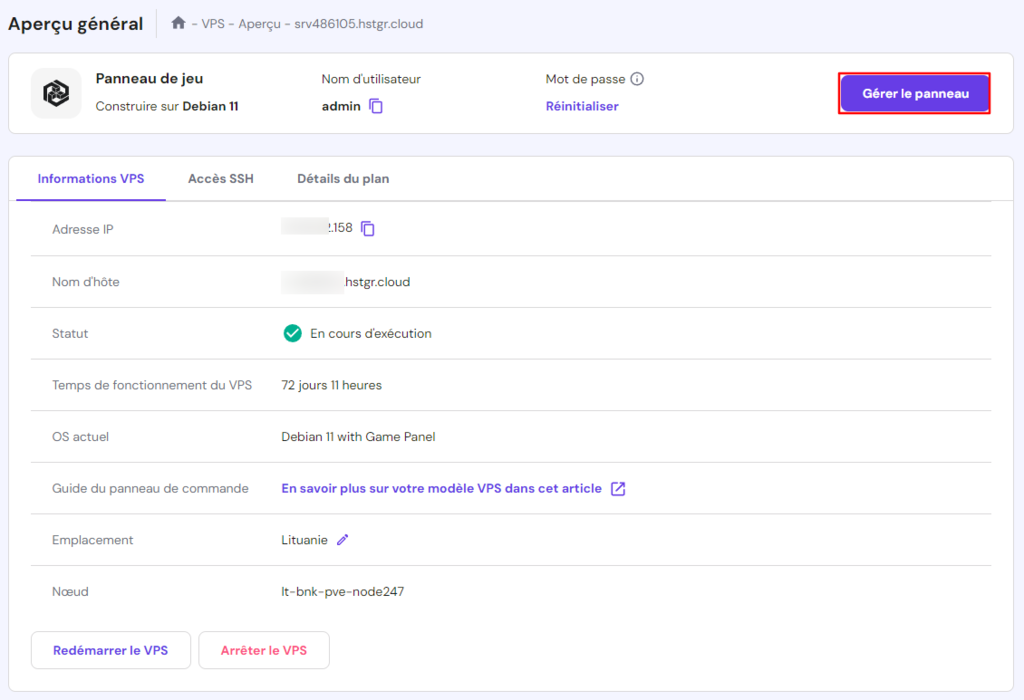 le bouton G&eacute;rer le panneau dans l'h&eacute;bergement de jeux de hPanel