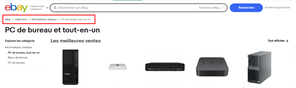 La page d'accueil d'eBay, avec le fil d'Ariane surlign&eacute; en rouge