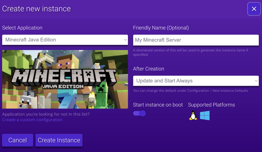 L'&eacute;cran de cr&eacute;ation d'instance Minecraft sur le panneau de jeu 