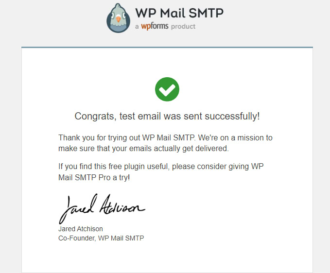 Le message de félicitations pour l'e-mail de test de WP Mail SMTP