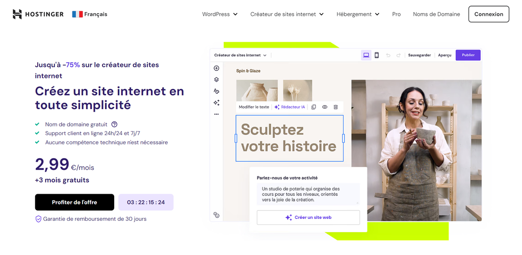 La landing page du cr&eacute;ateur de sites internet Hostinger