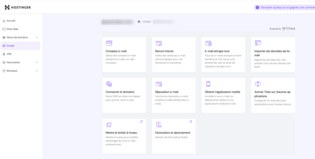 Tableau de bord hPanel, section emails