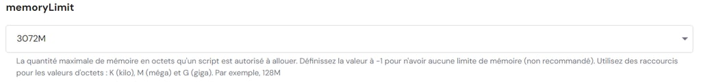 Les param&egrave;tres memoryLimit de PHP Configurations sur le hPanel