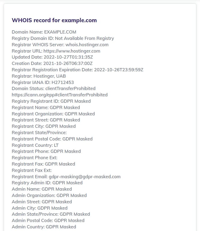 L'enregistrement WHOIS de Hostinger montre des informations personnelles protégées.
