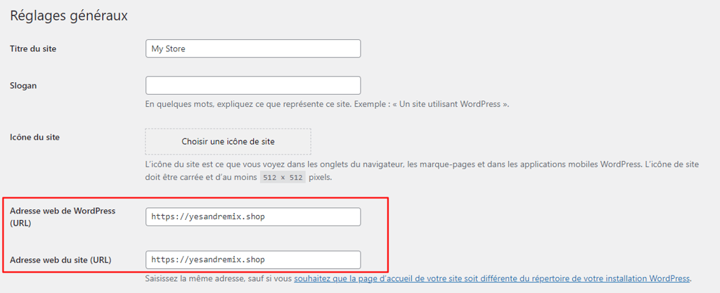 Panneau des r&eacute;glages de WordPress avec les champs d'URL surlign&eacute;s