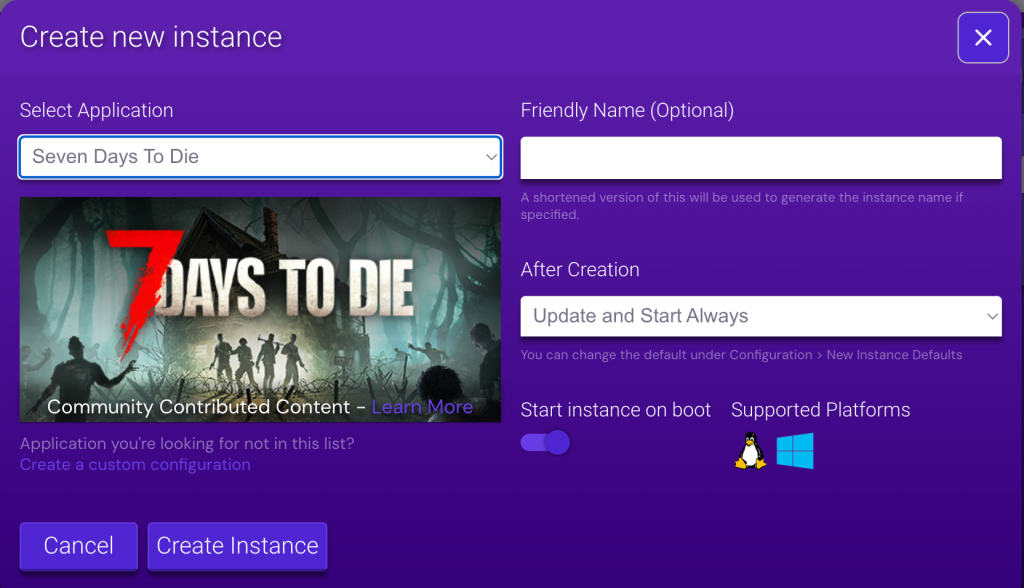 Création d'instance 7 Days to Die dans le Game Panel de Hostinger