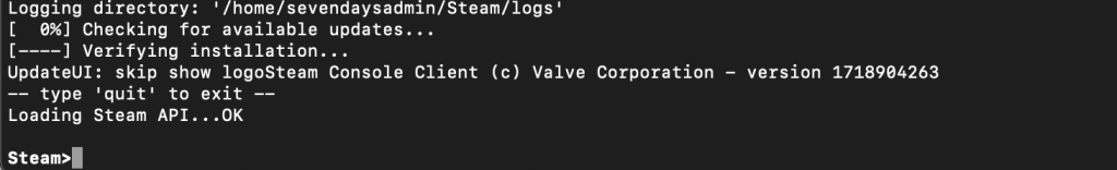 SteamCMD shell dans le terminal