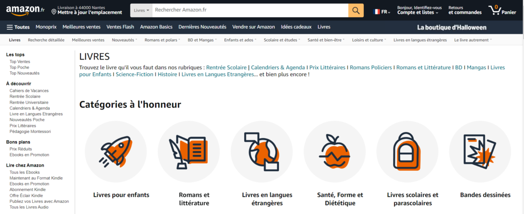 Page d'accueil d'Amazon, une marketplace en ligne pour l'achat et la vente d'une grande vari&eacute;t&eacute; d'articles 