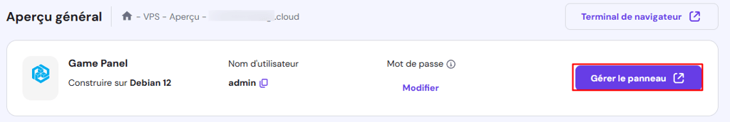 Bouton G&eacute;rer le panneau de jeu Hostinger