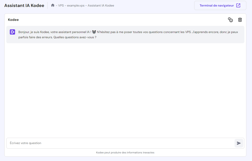 La page Assistant IA Kodee sur le tableau de bord VPS de hPanel