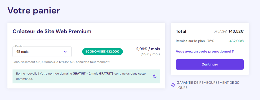 Page de paiement du Cr&eacute;ateur de site Hostinger