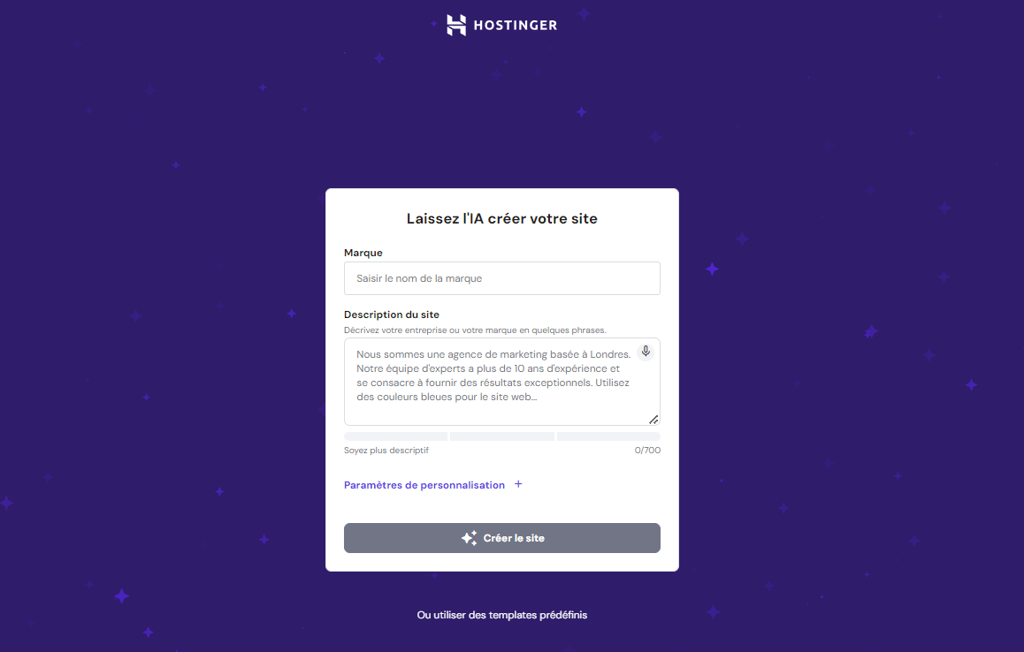 Questionnaire du cr&eacute;ateur de site web IA