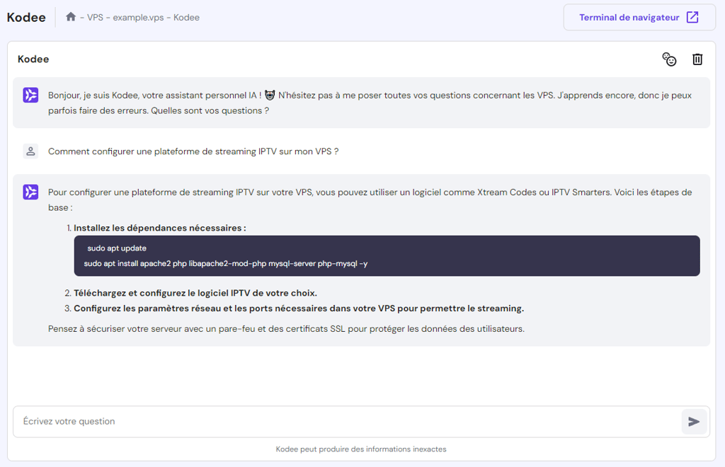 L'assistant Kodee IA g&eacute;n&egrave;re une instruction pour mettre en place une plateforme de streaming IPTV 