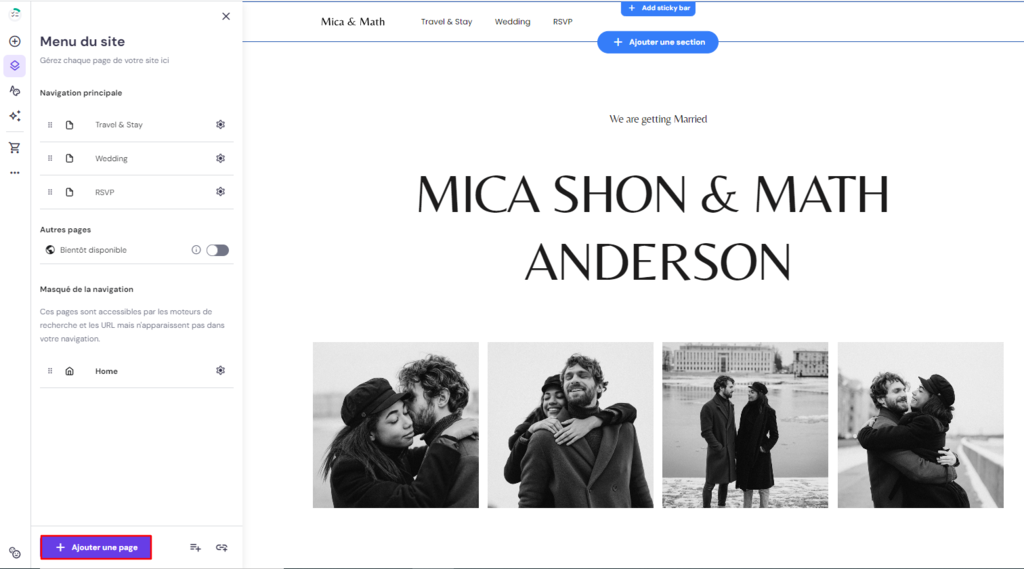 Bouton pour ajouter une page dans le menu du site de l'&eacute;diteur 