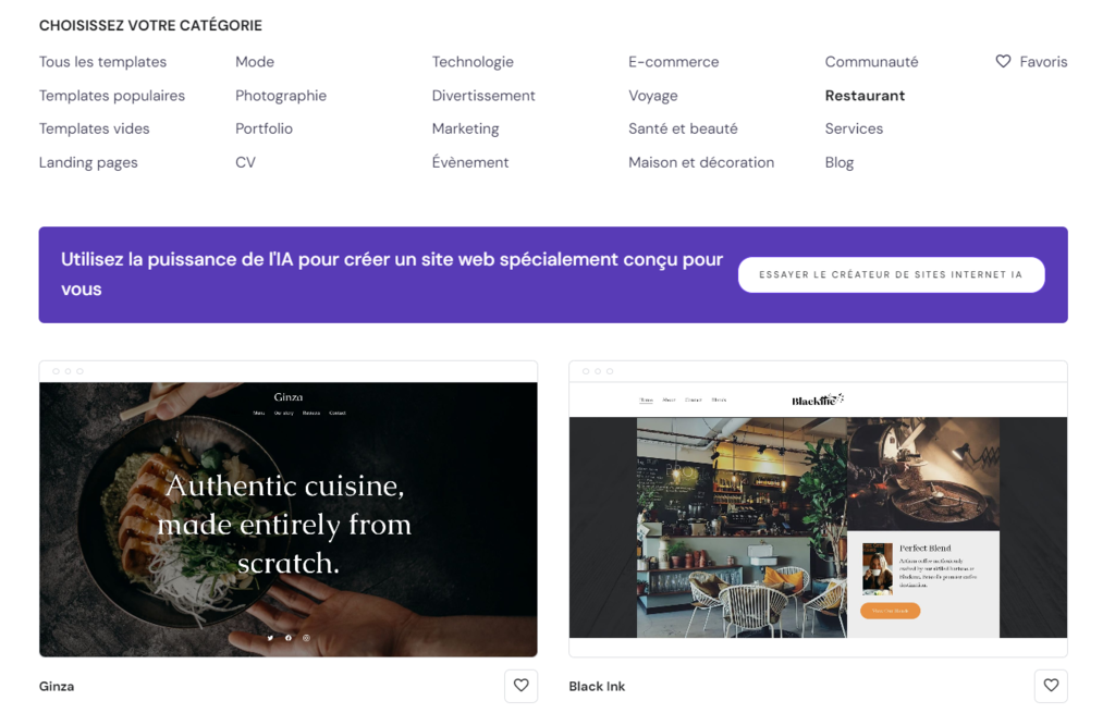 Deux des mod&egrave;les de restaurant du Cr&eacute;ateur de site Web Hostinger 