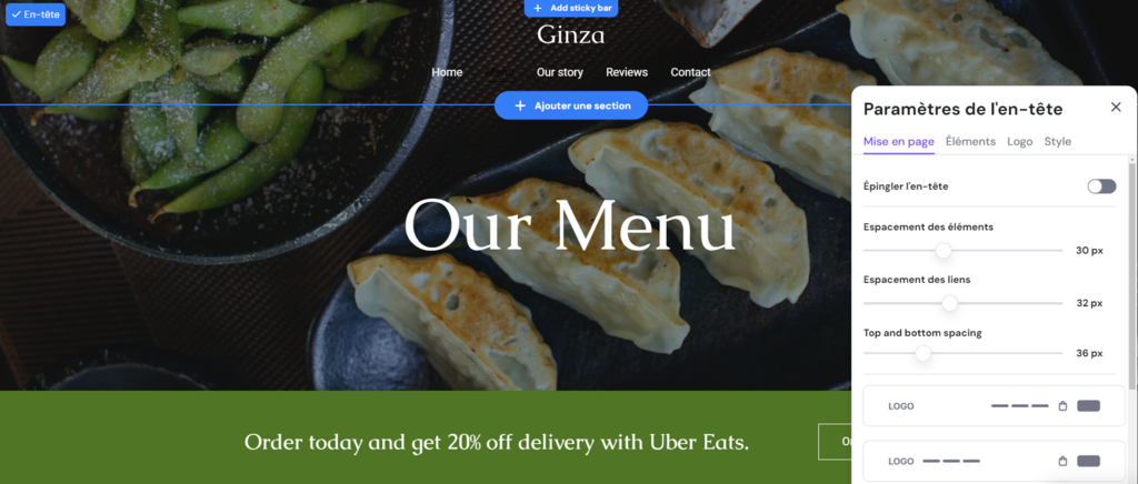 La fen&ecirc;tre des param&egrave;tres de l'en-t&ecirc;te de la page de menu de Ginza 