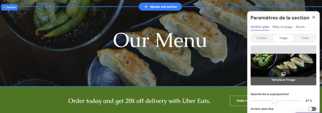 La fen&ecirc;tre des param&egrave;tres de la section sur la page Menu de Ginza 