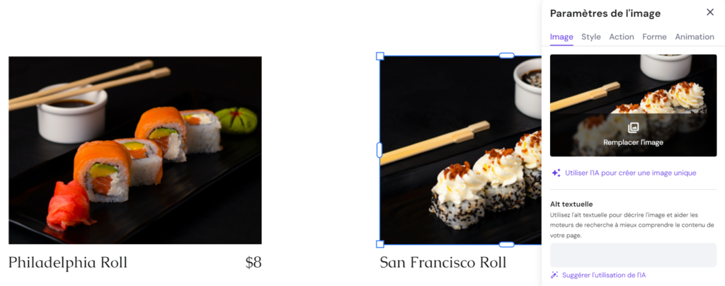 La fen&ecirc;tredes param&egrave;tres de l'image sur la page Menu de Ginza 
