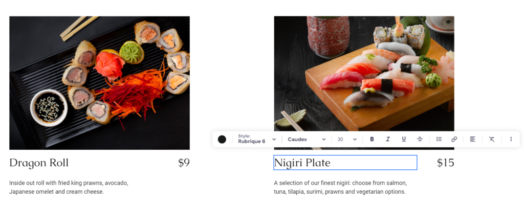 La barre d'outils pour l'&eacute;dition des &eacute;l&eacute;ments de texte sur la page Menu de Ginza 