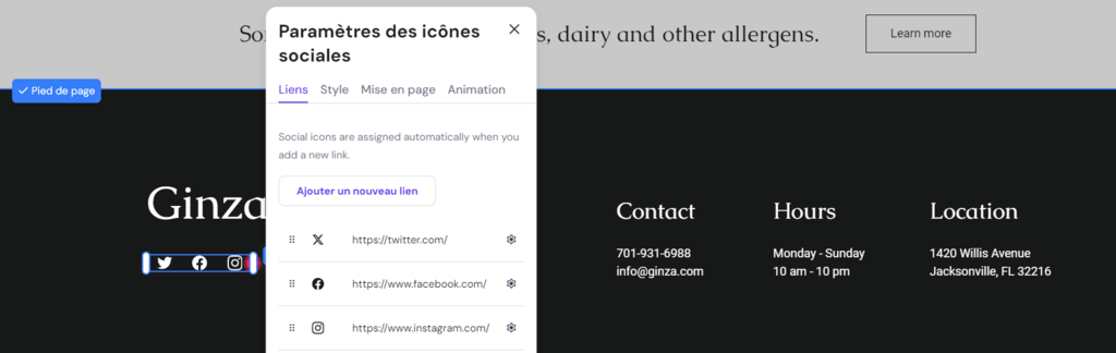 Fen&ecirc;tre des param&egrave;tres des ic&ocirc;nes sociales sur la page de menu de Ginza