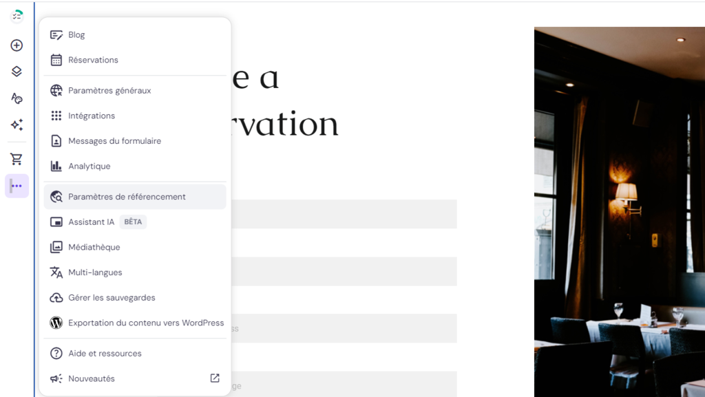 Le bouton des param&egrave;tres de r&eacute;f&eacute;rencement sur le cr&eacute;ateur de site d'Hostinger