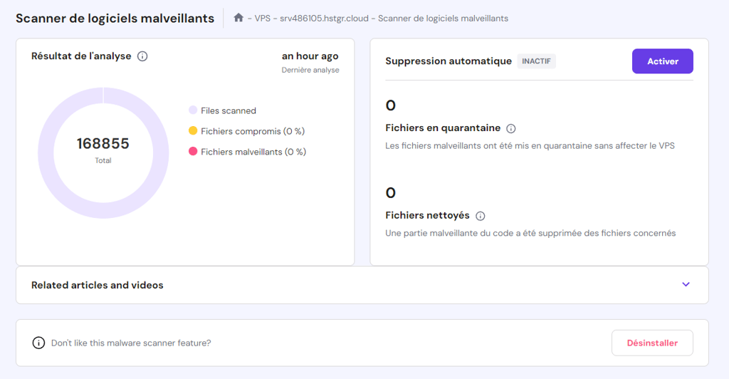 Menu du Scanner de logiciels malveillants dans hPanel