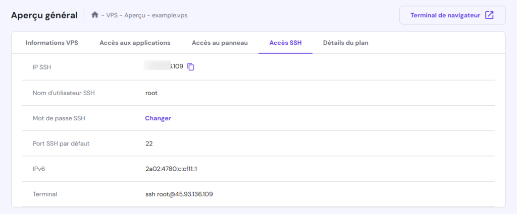 Onglet Acc&egrave;s SSH du VPS de hPanel