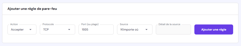 R&eacute;glage de la liste d'autorisation des ports RTMP dans le menu de configuration du pare-feu de hPanel 