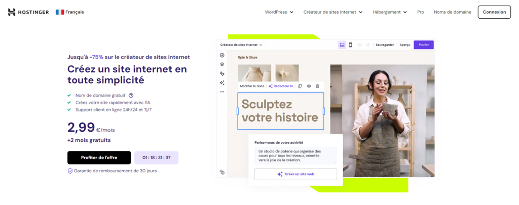 Page d'accueil du cr&eacute;ateur de site Web Hostinger