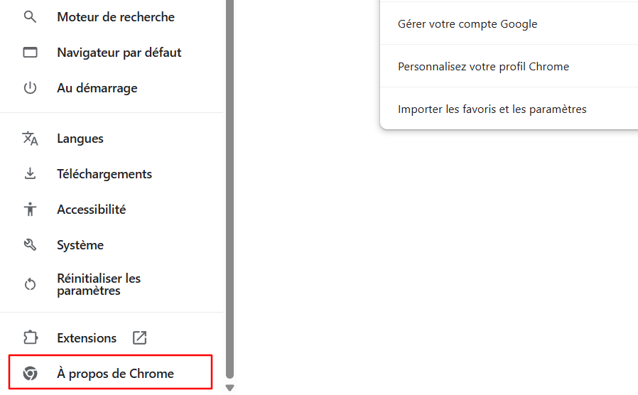 Paramètres de Google Chrome, mise en évidence de À propos de Chrome