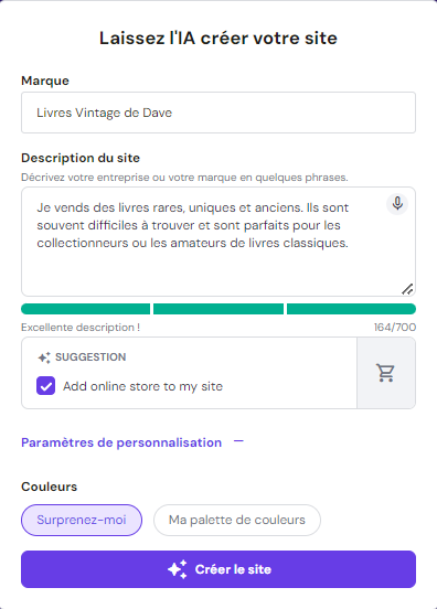 Panneau de création de site Web IA dans le Créateur de site Web Hostinger 