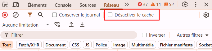 sélectionner Désactiver le cache dans les outils de développement Chrome
