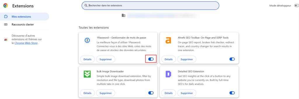 Désactivation des extensions Google Chrome.