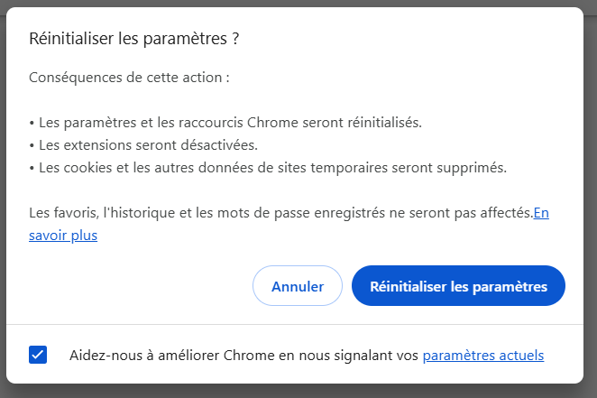 Popup Réinitialiser les paramètres de Google Chrome