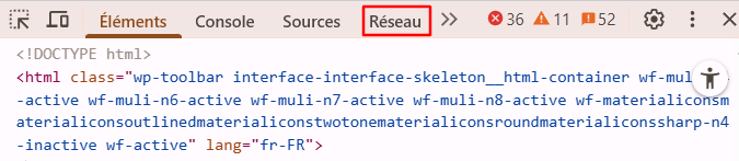 sélectionner Réseau dans les outils de développement Chrome