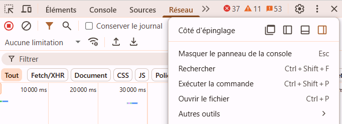 Options du côté d’épinglage de la fenêtre DevTools