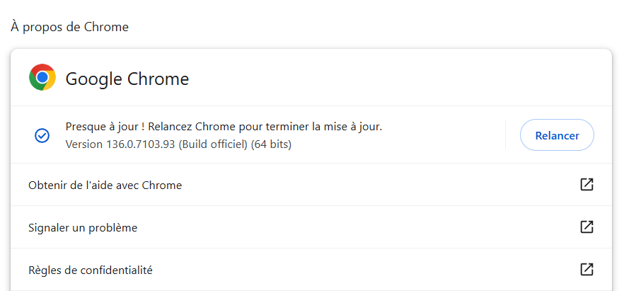 Informations sur la version de Google Chrome